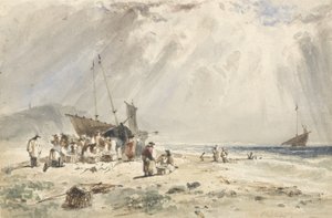 Targ rybny na plaży (wc nad grafitem na papierze) autorstwa Giles Firman Phillips