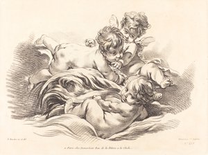 Trzy cherubiny bawiące się na fali delfinów autorstwa Gilles Demarteau, the Elder after François Boucher