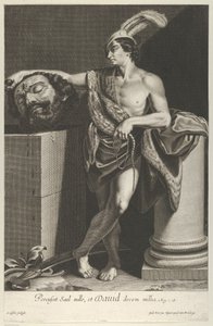Dawid stojący ze skrzyżowanymi nogami i trzymający głowę Goliata na piedestale w l..., ok. godz. 1635-45.