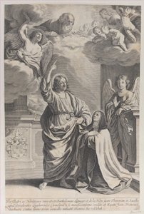 Św. Teresa modląca się u boku Chrystusa, który wskazuje w górę na Boga Ojca i ..., 1635-1700. autorstwa Gilles Rousselet