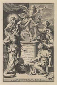 Biblijne postacie odsłaniają portret Mojżesza Strona tytułowa Wilhelmusa Goeree, Przygotowania do biblijnej mądrości i wykorzystania historii świętych i kościelnych, 1690 autorstwa Gilliam van der Gouwen