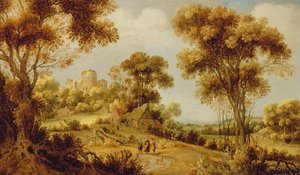 Rozległy zalesiony krajobraz z Chrystusem na drodze do Emaus, ok. 1609-29