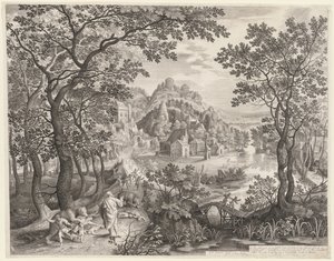 Elizeusz przeklinający dzieci z Betel, które są pożerane przez niedźwiedzie, 1602. autorstwa Gillis van Coninxloo