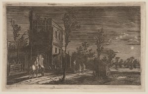 Postacie przy zniszczonej wieży: Moonlit Nocturne, z albumu Six Landscapes autorstwa Gillis van Scheyndel