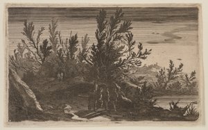Jeźdźcy na zalesionej ścieżce na lewo od stawu, od Six Landscapes