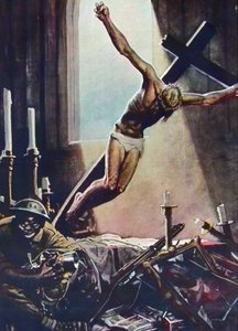 Plakat antyamerykański z II wojny światowej-czarny amerykański kościół grabieży-plakat Gino Boccasile (1901-1952)-włoska propaganda anty USA 1943-plakat Gino Boccasile (1901-1952)