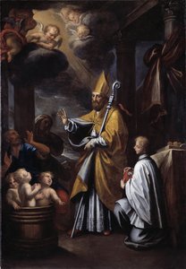 Św Mikołaj wskrzeszenie trójki dzieci (olej na płótnie) autorstwa Gio Raffaele Badaracco