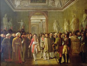 Cesarz Napoleon I (1769-1821) przyjmuje członków armii po swojej koronacji 8 grudnia