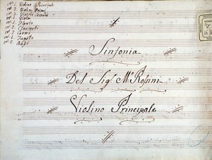 Fragment pierwszej strony partytury skrzypcowej do symfonii Gioacchino Rossiniego autorstwa Gioachino Rossini