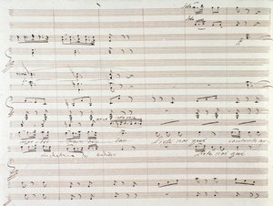 Strona partytury muzycznej Le Comte Ory z odręcznymi poprawkami Gioacchino Rossiniego autorstwa Gioachino Rossini