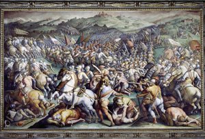 Bitwa pod Scannagallo w Valdichiana (Val di Chiana). Fresk autorstwa Giorgio Vasariego i jego pracowni (1511-1574). Palazzo Vecchio (Salone dei Cinquecento)