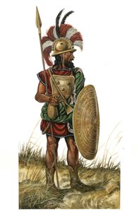 Starożytny Rzym (archaiczne 753-530 p.n.e.): przedstawienie broni wojownika, hełm, tarcza, włócznia (okres monarchiczny VIII w. p.n.e.) autorstwa Giorgio Albertini