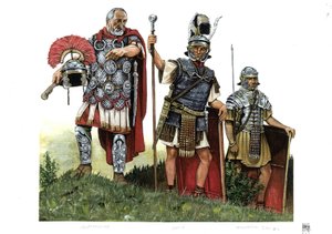 Starożytny Rzym: centurion, optio (posłaniec między centurionami a dekurionami) i legionista. II w. autorstwa Giorgio Albertini