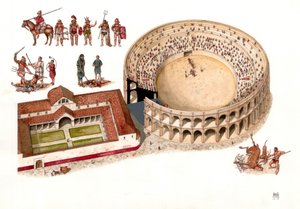 Starożytny Rzym: rekonstrukcja amfiteatru w mieście Amiternum w pobliżu Akwilei w Abruzji we Włoszech. 1-2 wiek n.e. U góry po lewej, różne stroje gladiatorów i sceny walk, które miały miejsce na arenie. Ilustracja autorstwa Giora autorstwa Giorgio Albertini