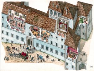 Sztuka baroku: widok i przekrój architektoniczny pałacu Chigi a Ariccia, Lacjum, w XVII wieku. Widoczne są wnętrza pokoi rodzinnych i zależności służby. Włochy autorstwa Giorgio Albertini