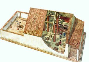 Architektura bizantyjska: rekonstrukcja sklepu klasowego, magazynu obszaru doków Classe, portu miasta Rawenna (Ravenna) w czasach cesarza Justyniana. Włochy VII wiek. Przekrój budynku pozwala zobaczyć przechowywane towary. autorstwa Giorgio Albertini