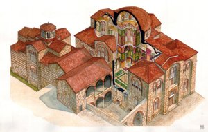 Sztuka bizantyjska: widok i część architektoniczna klasztoru Hosios Loukas (Osios Lukas lub Luckas), zbudowanego w XI wieku. Grecja autorstwa Giorgio Albertini