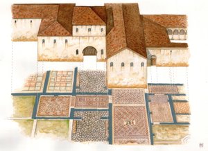 Sztuka bizantyjska: widok miejsca Domus kamiennych dywanów (dei tappeti di pietra) w Rawennie (Ravenna) w VI wieku, złożonego z mozaiki bizantyjskiego pałacu. autorstwa Giorgio Albertini