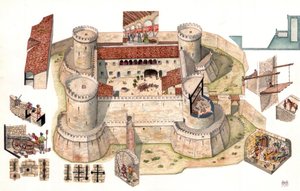 Szczegółowy widok z lotu ptaka aragońskiego zamku Venosa zbudowanego przez Pirro del Balzo w 1470 r. w pobliżu Potenzy w Basilicata we Włoszech Kubki pozwalają zobaczyć więźniów w celach wewnątrz wież, które służyły jako więzienie. Widoki detali pokazują ż autorstwa Giorgio Albertini