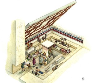 Cywilizacja etruska: rekonstrukcja i wycięcie grobowca Tifone (tajfun), nekropolia Tarquinia. II wiek p.n.e. Włochy autorstwa Giorgio Albertini