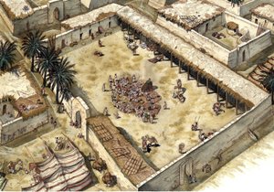 Islam: Dom Proroka Muhammada (Muhammada lub Mahometa) (570-632) po jego przybyciu do Medine w 622 roku, towarzyszył pierwszym muzułmanom (Hegira), Arabia Saudyjska Prorok jest widoczny, jego twarz zakryta. Ilustracja autorstwa Giorgio Albertini. (Wykorzyst autorstwa Giorgio Albertini
