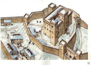 Średniowieczna architektura: rekonstrukcja zamku w mieście Udine w XIV wieku. Włochy Ilustracja autorstwa Giorgio Albertini. (Korzystanie z dzieł tego autora nie podlega wnioskowi o zezwolenie od strony trzeciej ani opłacie). autorstwa Giorgio Albertini