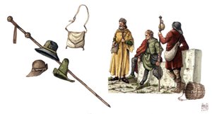 Moda średniowieczna: strój peleryny między XII a XIV wiekiem, torba, kapelusze, laska, tuniki. autorstwa Giorgio Albertini