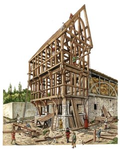 Średniowiecze: plac budowy w regionie północnej Francji w XIV wieku, cieśle i stolarze pracują nad drewnianą konstrukcją stodoły. Ilustracja autorstwa Giorgio Albertini. (Korzystanie z dzieł tego autora nie jest przedmiotem wniosku o zezwolenie) autorstwa Giorgio Albertini