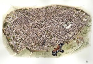 Średniowiecze: widok z lotu ptaka na Damaszek w Syrii, gdy był on częścią Imperium Osmańskiego. autorstwa Giorgio Albertini