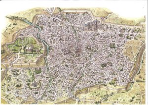 Średniowiecze: szczegółowy widok z lotu ptaka na miasto Samarkanda (Samarkanda), widoczne mury obronne, w Uzbekistanie w czasach mongolskiej dynastii Czajbanidów. 1450 wokół Azji Środkowej. Ilustracja autorstwa Giorgio Albertini. (Wykorzystanie prac tego a autorstwa Giorgio Albertini