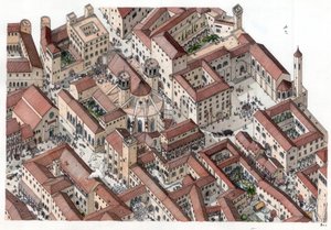 Średniowiecze: odtworzenie historycznej dzielnicy Barri Gotic (barrio gotico) w Barcelonie w XIV wieku. Widoczna jest katedra Sainte-Eulalie (Świętej Eulalii). Hiszpania Ilustracja autorstwa Giorgio Albertini. (Wykorzystanie prac tego autora nie jest dozwo autorstwa Giorgio Albertini
