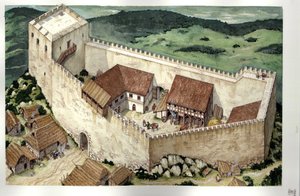 Średniowiecze: rekonstrukcja katarskiego zamku Montsegur (ukończonego w XIII wieku), Ariege, Francja. autorstwa Giorgio Albertini