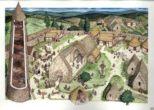 Średniowiecze: rekonstrukcja starego klasztoru Glendalough założonego przez świętego Kevina, pustelnika. Miejsce to w IX wieku stało się miejscem edukacji religijnej. W przekroju widoczna jest okrągła wieża, krzyż celtycki. Irlandia IX w. Ilustracja