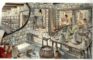 Średniowiecze: przedstawienie warsztatu ceramików i garncarzy w XIV wieku. autorstwa Giorgio Albertini
