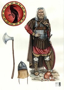 Średniowiecze: żołnierz gwardii warangijskiej (lub gwardii wareskiej), elitarnego korpusu armii bizantyjskiej.