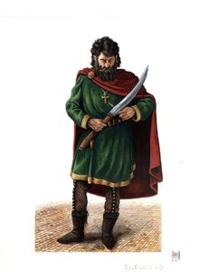 Średniowiecze: żołnierz gwardii warangijskiej (lub gwardii wareskiej), elitarnego korpusu armii bizantyjskiej. autorstwa Giorgio Albertini