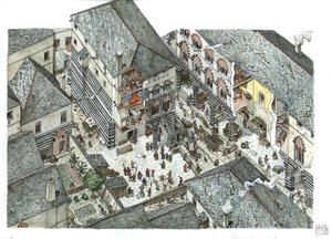 Średniowiecze: widok na pałac szlachty kupieckiej (Curia lub kuria) w Genes w 15 wieku, sceny uliczne, Włochy Ilustracja Giorgio Albertini. autorstwa Giorgio Albertini