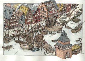 Średniowiecze: widok na działalność handlową wokół portu w Lubece, nad Morzem Bałtyckim. XIV wiek. Niemcy autorstwa Giorgio Albertini