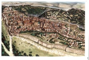 Średniowiecze: widok na średniowieczne miasto Volterra, otoczone murami obronnymi, w XIV wieku. Toskania. Włochy Ilustracja autorstwa Giorgio Albertini. (Korzystanie z dzieł tego autora nie podlega wnioskowi o zezwolenie od strony trzeciej ani t autorstwa Giorgio Albertini