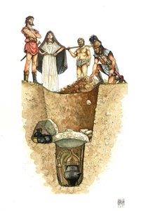 Neolit: wycięcie grobowca z Villanova (kultura Villanova), urny z prochami zmarłych pochowane w studniach (polach do gry w piłkę), VIII w. p.n.e. Etruria, Włochy autorstwa Giorgio Albertini