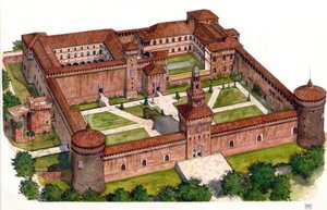 Przegląd zamku Sforzów (Castello Sforzesco) zbudowanego przez księcia Francesco Sforzę w XV wieku w Mediolanie we Włoszech. autorstwa Giorgio Albertini