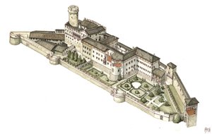 Rekonstrukcja zamku Buonconsiglio, dawnej rezydencji książąt trydenckich. Włochy Ilustracja autorstwa Giorgio Albertini. (Korzystanie z dzieł tego autora nie podlega wnioskowi o zezwolenie od strony trzeciej ani płatności). autorstwa Giorgio Albertini
