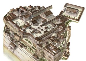 Rzymski antyk: rekonstrukcja góry Palatyn (Glue Palatino) w IV wieku, kolejni cesarze (August, Neron, Severe Septime) zbudowali swoje pałace. Rzym Włochy autorstwa Giorgio Albertini