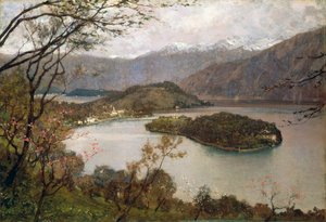 Widok na wyspę Comacina, jezioro Como, Giorgio Belloni (1861-1944), olej na płótnie, 69,5x100 cm autorstwa Giorgio Belloni