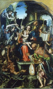 Święta Rodzina ze św. Michałem Archaniołem i Diabłem w walce o dusze, św. Bernhardem i autorstwa Giorgio Gandini del Grano