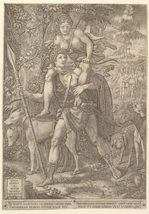 Alegoria łowów, myśliwy trzymający dużą włócznię, niosący na swoim siodle kobietę Dianę..., 1556. autorstwa Giorgio Ghisi