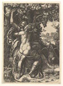 Angelica i Medoro, para obejmująca się, Medoro rzeźbi swoje imiona w korze..., ok. godz. 1570. autorstwa Giorgio Ghisi