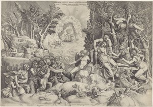 Cephalus en de Bosgoden między dood van Procris Procrinus króla Aten / Córka i żona Kefalosa, przez tego samego męża nieświadomie (tytuł na obiekcie)