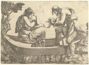 Danae i niemowlę Perseusz wyrzuceni na morze przez Akrisiusa, 1543. autorstwa Giorgio Ghisi