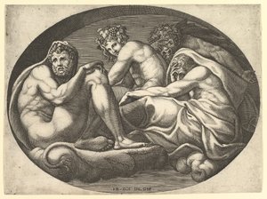 Herkules, Bachus, Pan i Saturn, z serii ośmiu kompozycji według Francesco P..., lata 60. XVI wieku. autorstwa Giorgio Ghisi